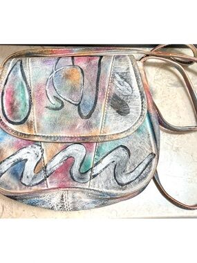 1980's-'90s Botary Boho Hand-Painted Metallic Multicolor Leather Crossbody Bag-